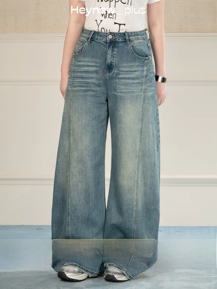 

Heynew plus Size Women's Blue Faded Floor-Length Knife- Denim Pants Summer New Meat Concealing Slimming Long Trousers