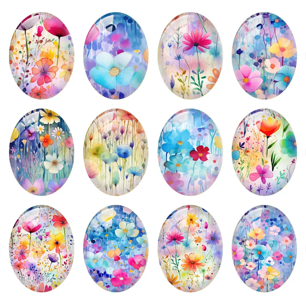 10pcs/lot Oval Photo Glass Cabochon Watercolor Flower Flatback Charms Demo Flat Back Cameo For Diy Jewelry Findings Accessories