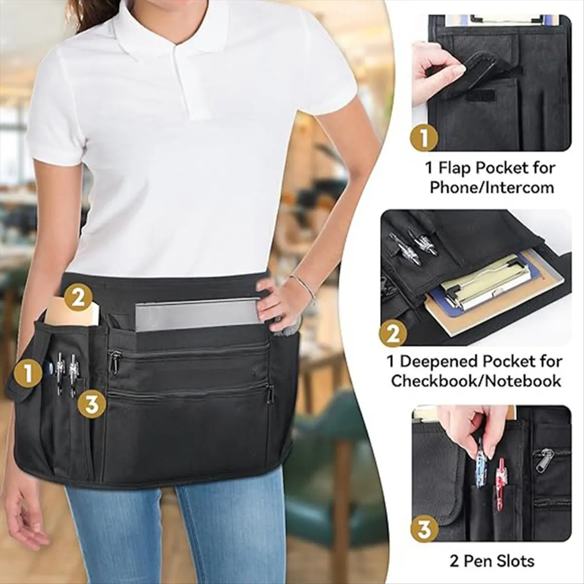 KSOL Waitress Server Apron with Multiple Pockets, Half Apron with Adjustable Belt for Waitress, Waiter, Women Men Server