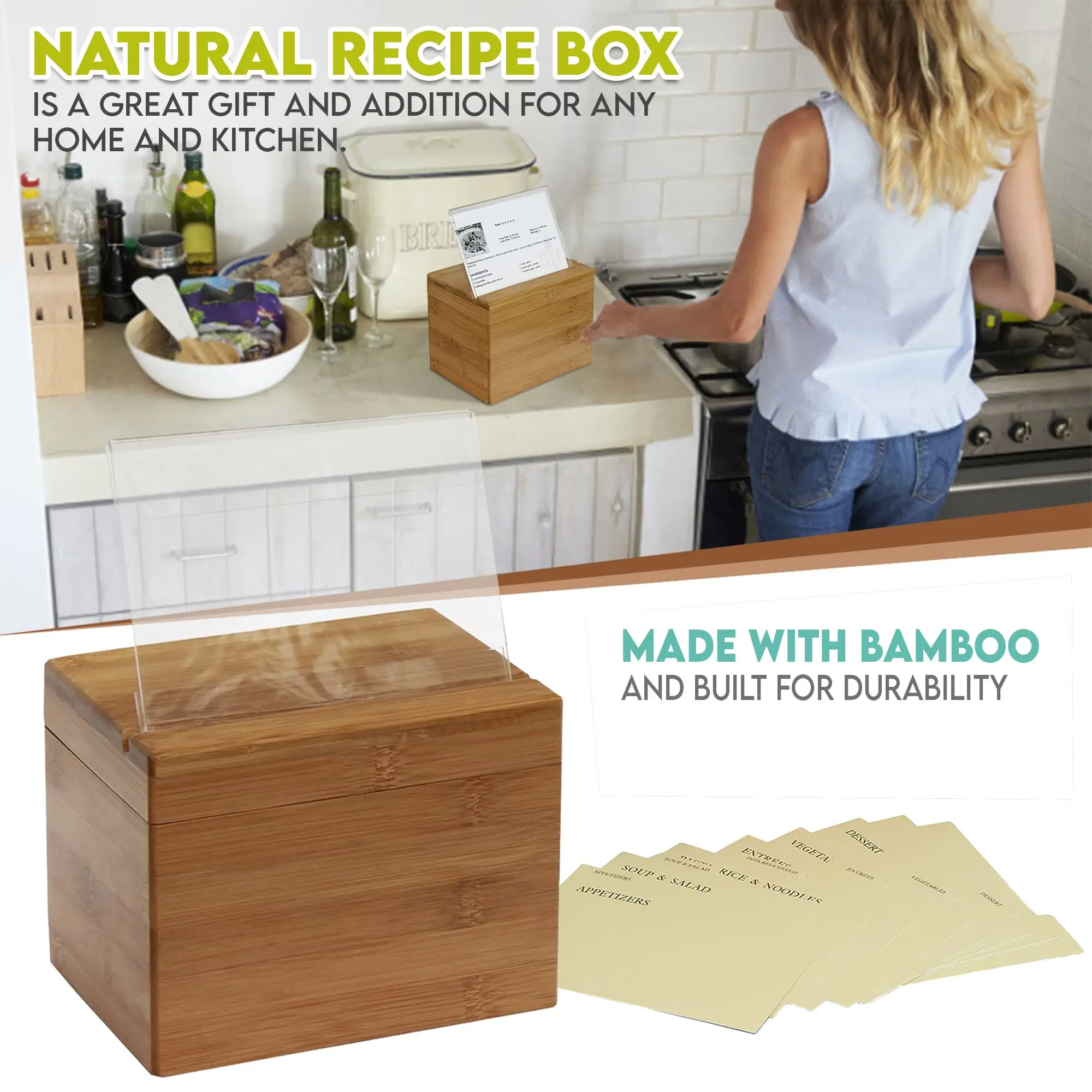 Caixa de receitas de bambu com divisor