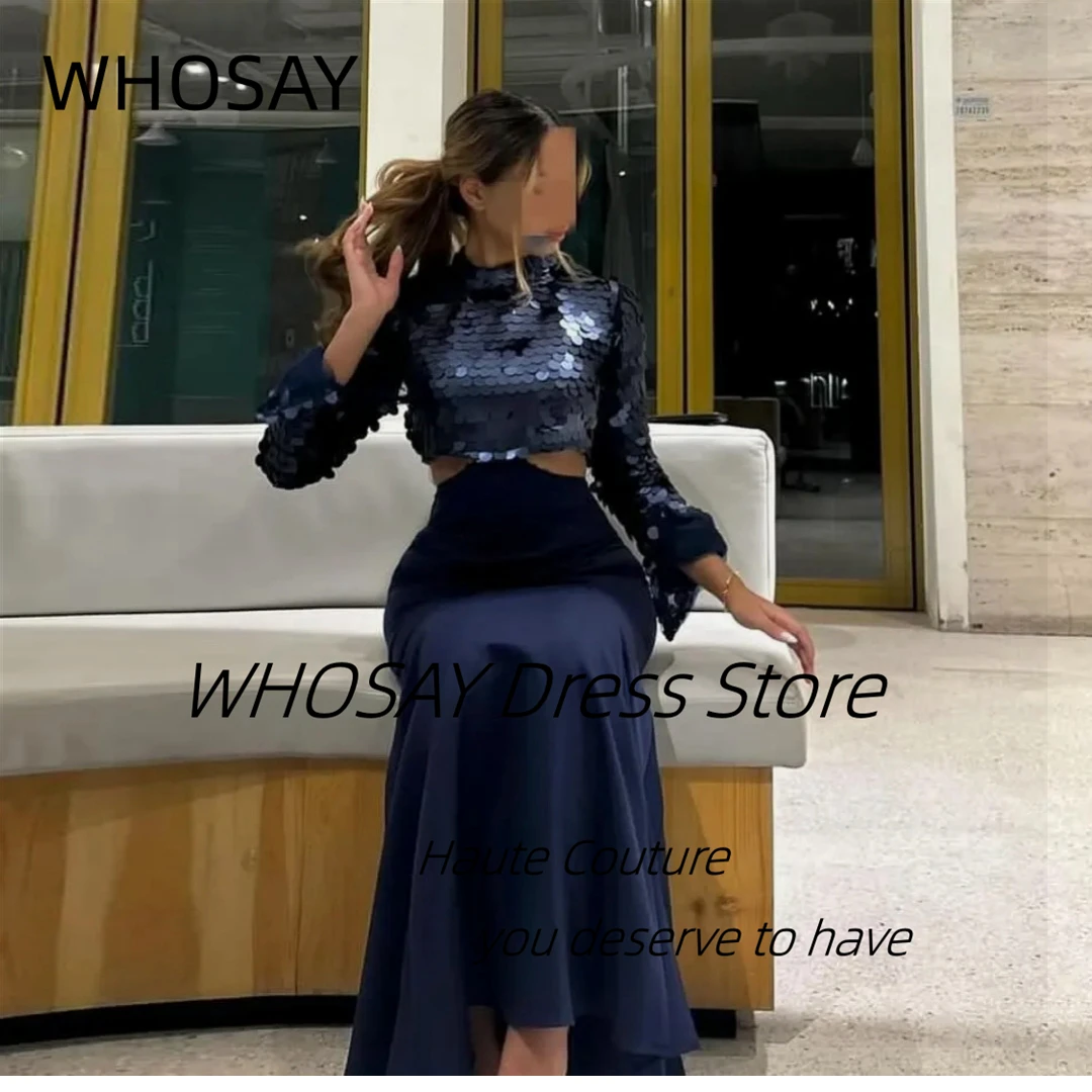 WHOSAY Sequins Top Prom Dresses Long Sleeves Customized High Collar Evening Dress Cutaway Sides Sexy Night Club Cocktail Gowns