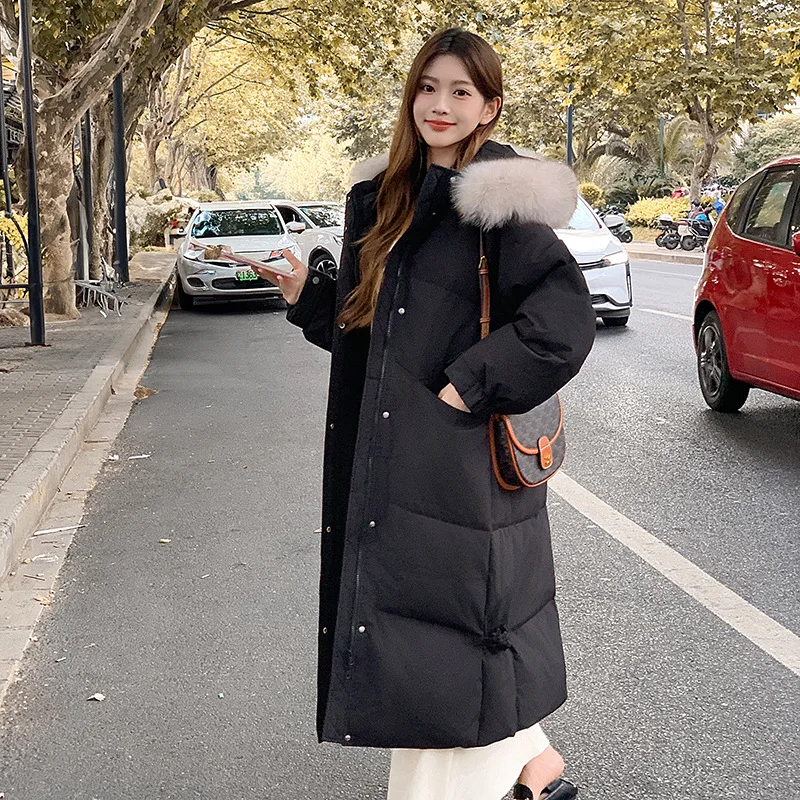 New Women's Long Cotton Jacket with Knee Length Fur Collar, Winter Thick and Fashionable Hem, Chinese Knot Jacket