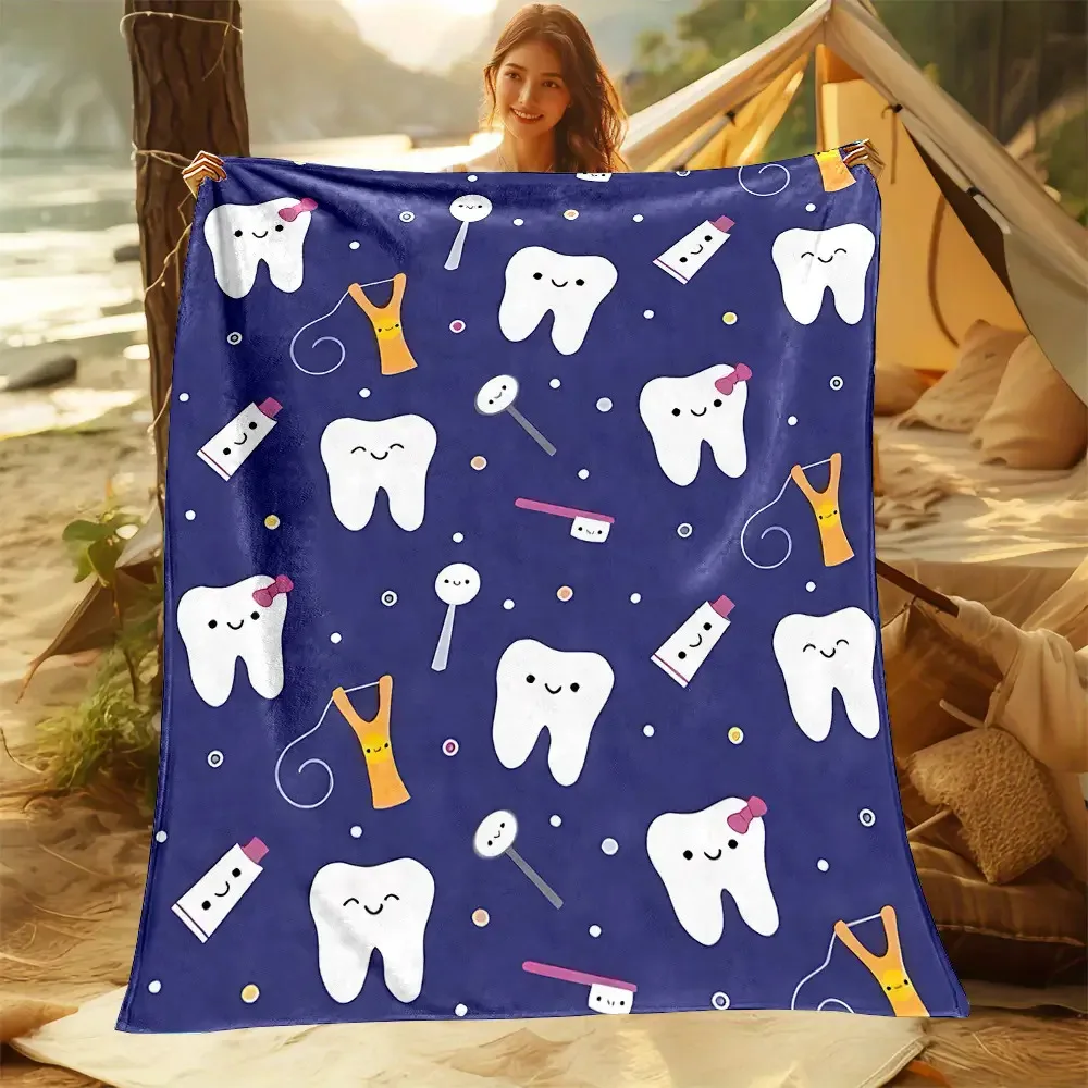 Cozy Cartoon Teeth and Starry Sky Print Flannel Blanket - Soft, Reversible Design for Sofa, Bedroom Use or Office Naps & Traveli