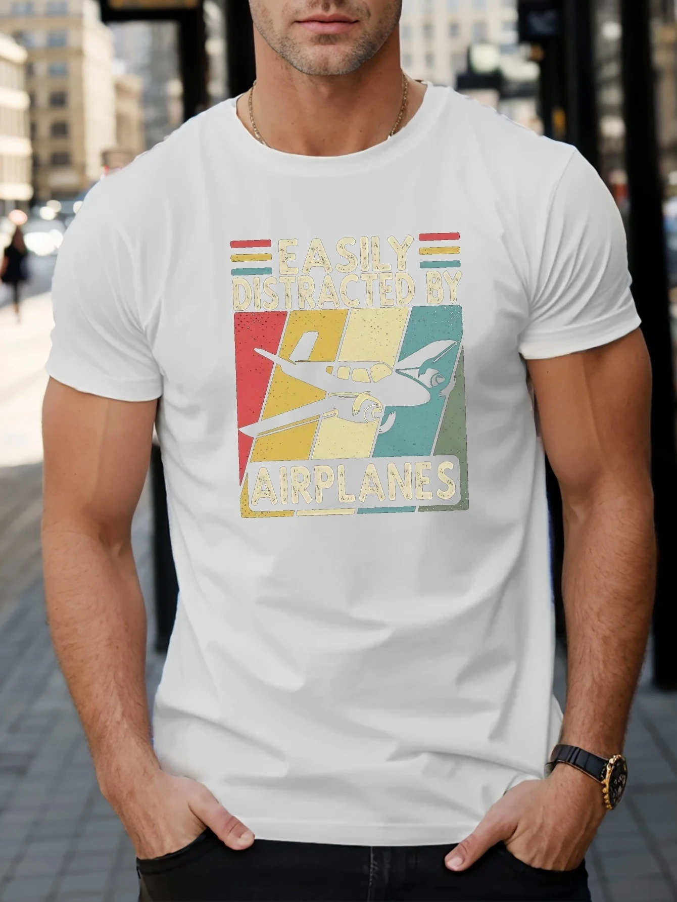 Easily distracted airplane pattern -100% cotton summer short-sleeved O-neck men's printed T-shirt.