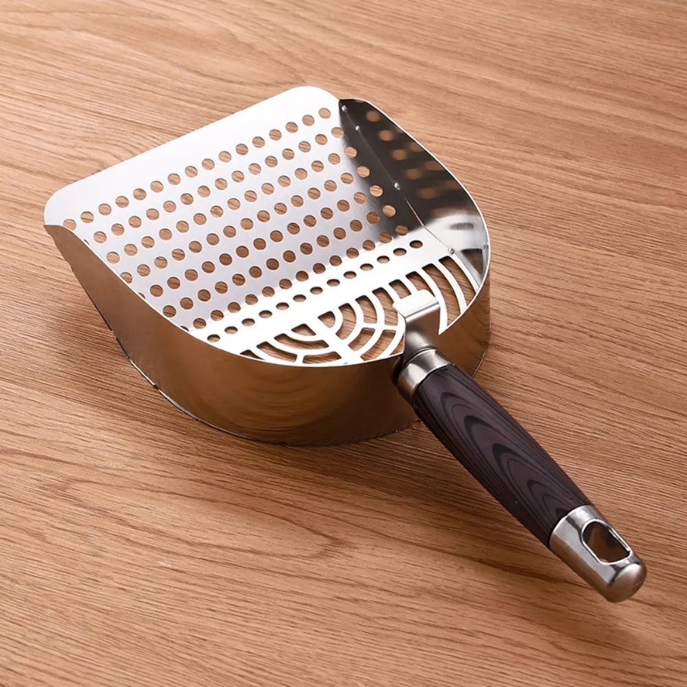 Stainless Steel Cat Litter Scoop Long Handle Deep Shovel Pet Waste Shovel Non-stick Wood Handle Cat Poop Sifting Tool