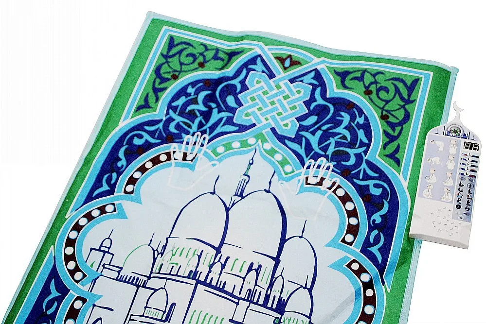 Kids Smart Prayer Mat, Light Blue Mosque Printed Educational Sound Prayer Rug, Interactive Home Prayer Carpet