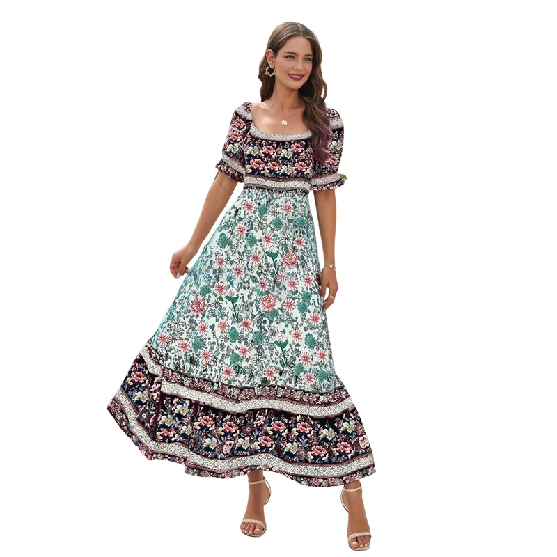 ASDS-Vestido feminino verão 2025, ombro de fora, boho, estampa floral, em camadas, casual, fluido, longo, maxi