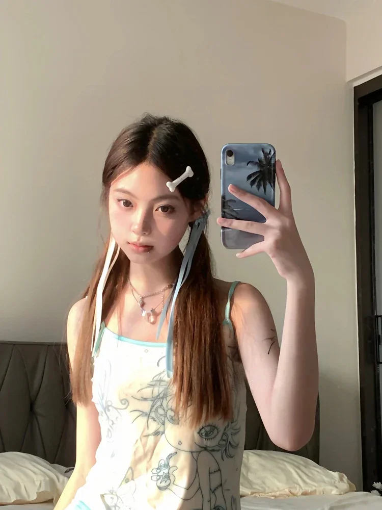 Y2k Aesthetic Sweet Sexy Tank Top Women Sleeveless Japanese Casual Cartoon Print Tanks Harajuku All Match Cropped  Grunge image 2