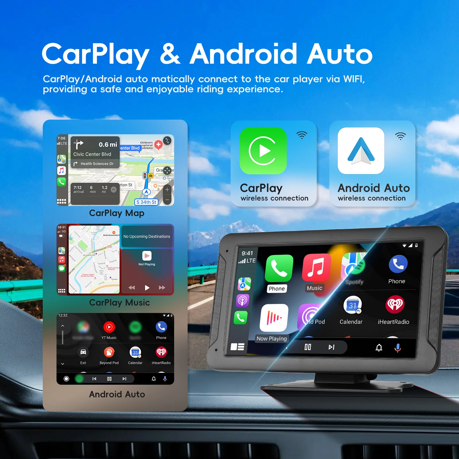 Monitor per auto Podofo con schermo IPS touchscreen da 7'', CarPlay wireless, Android Auto, schermo intelligente, EQ, FM, Bluetooth, Airplay, Autolink, ingresso audio AUX