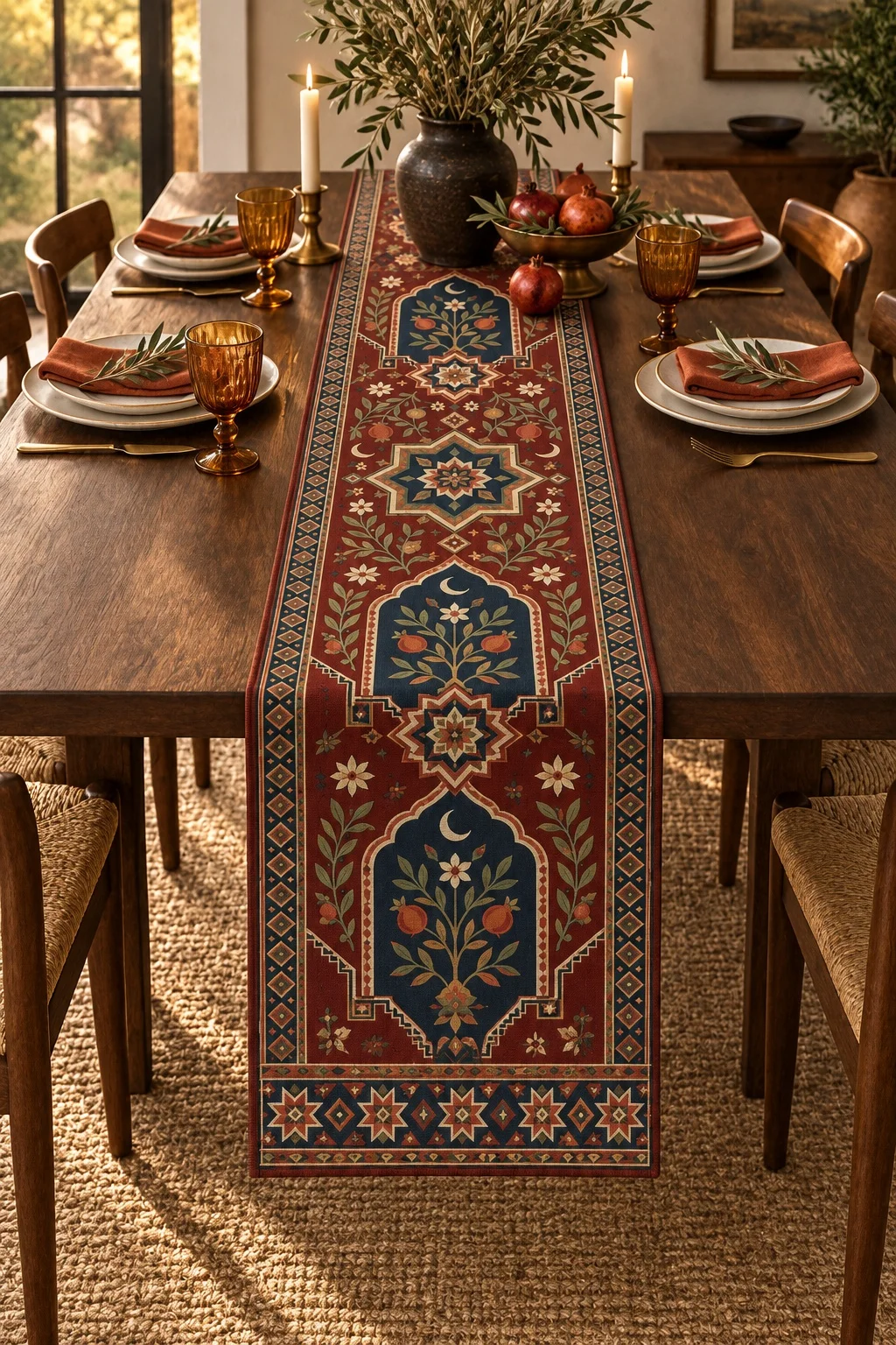 Boho Moroccan Table Runner Red Arch Pattern Long Tablecloth Vintage Oriental Floral Dining Room Kitchen Home Decoration