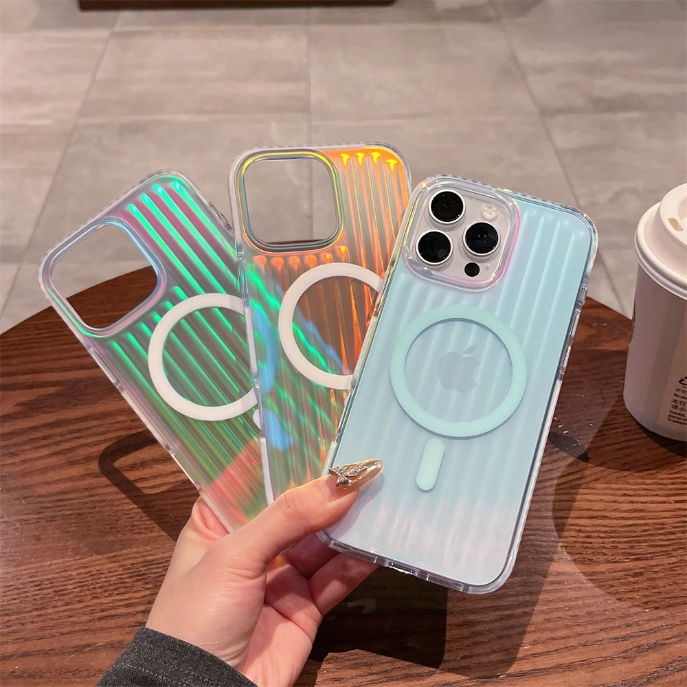 Luxuriöse Magsafe-Handyhülle mit Farbverlauf und Streifen für iPhone 17, 16, 15, 14, Pro Max Plus, magnetische kabellose Aufladung, stoßfeste Abdeckung