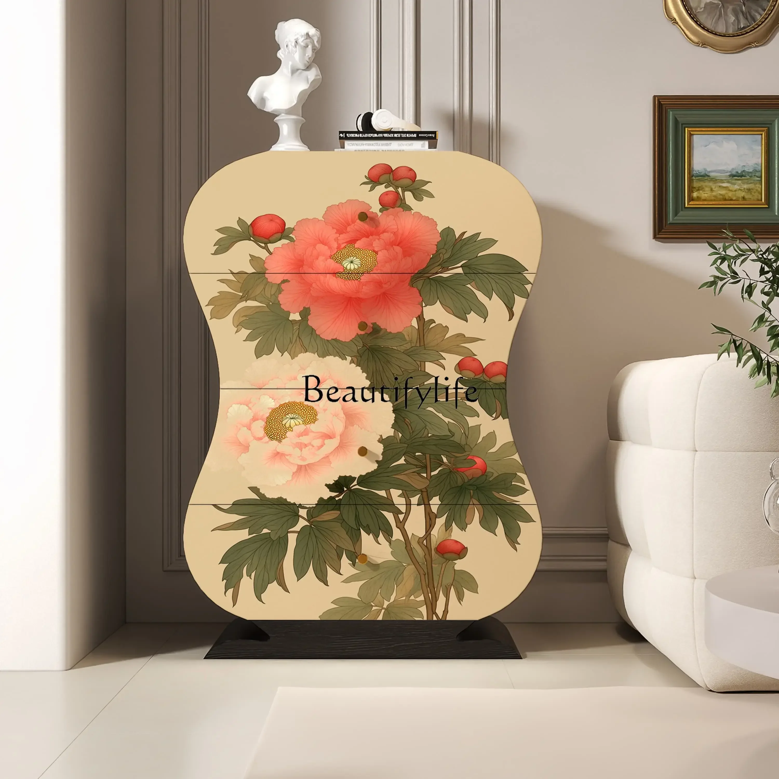 

88..Chinese pattern painted solid wood four chest cabinet living room home storage locker