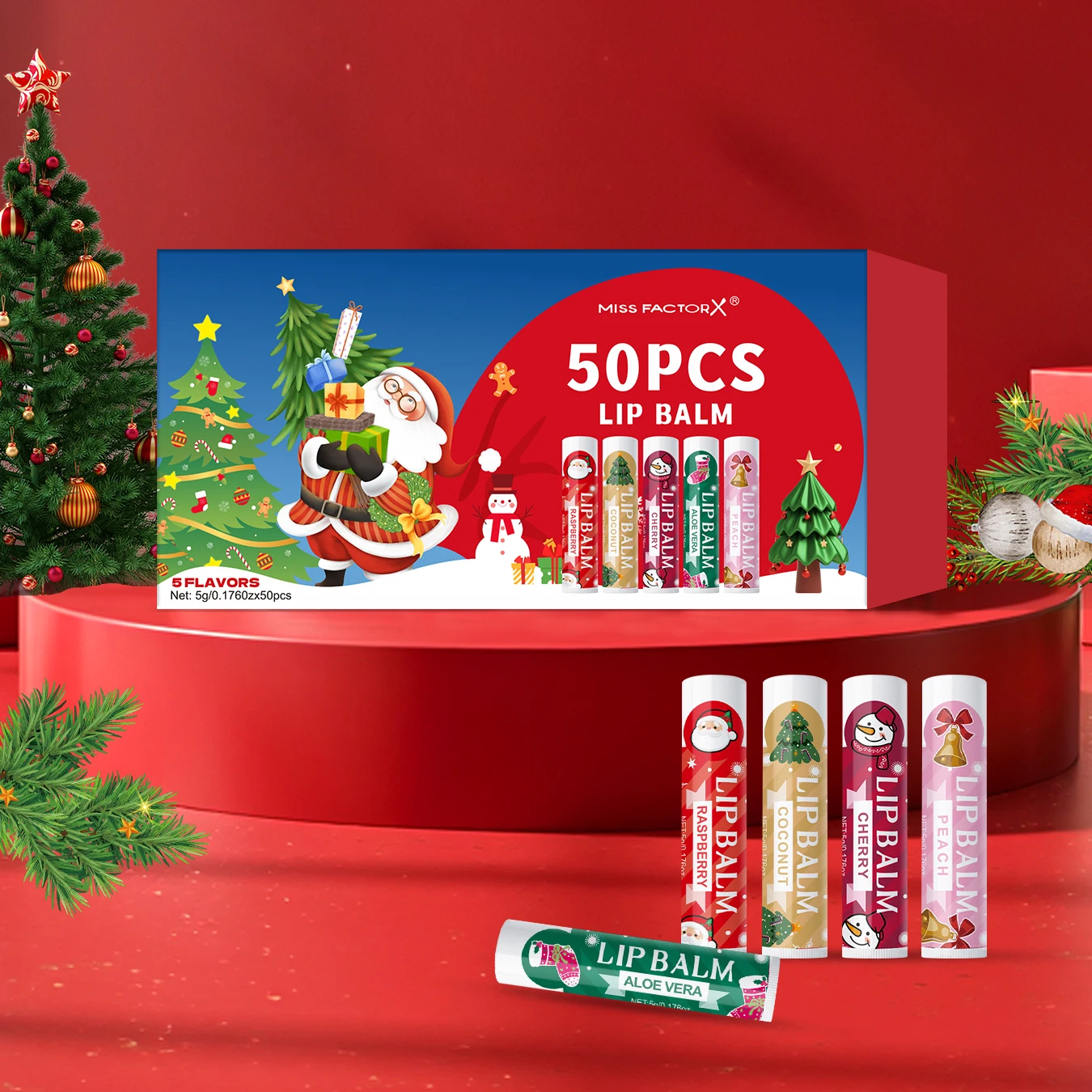 50PCS Christmas Theme lipstick Set -5 Taste Moisturizing, Moisturizing, Smooth and Brightening Travel Portable