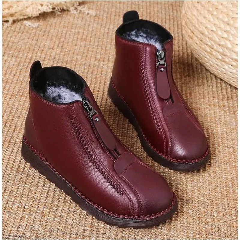 New Winter Women Ankle Boots Fashion Warm Mother\'s Boots Flat-Bottom Comfortable Non Slip Front Zipper Closure Female Footwear