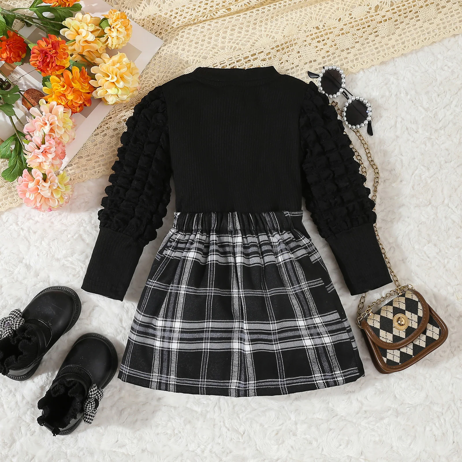 Girls Casual Black Top And Plaid Skirt Two-Piece Set Children's Clothing Outfit for Girls