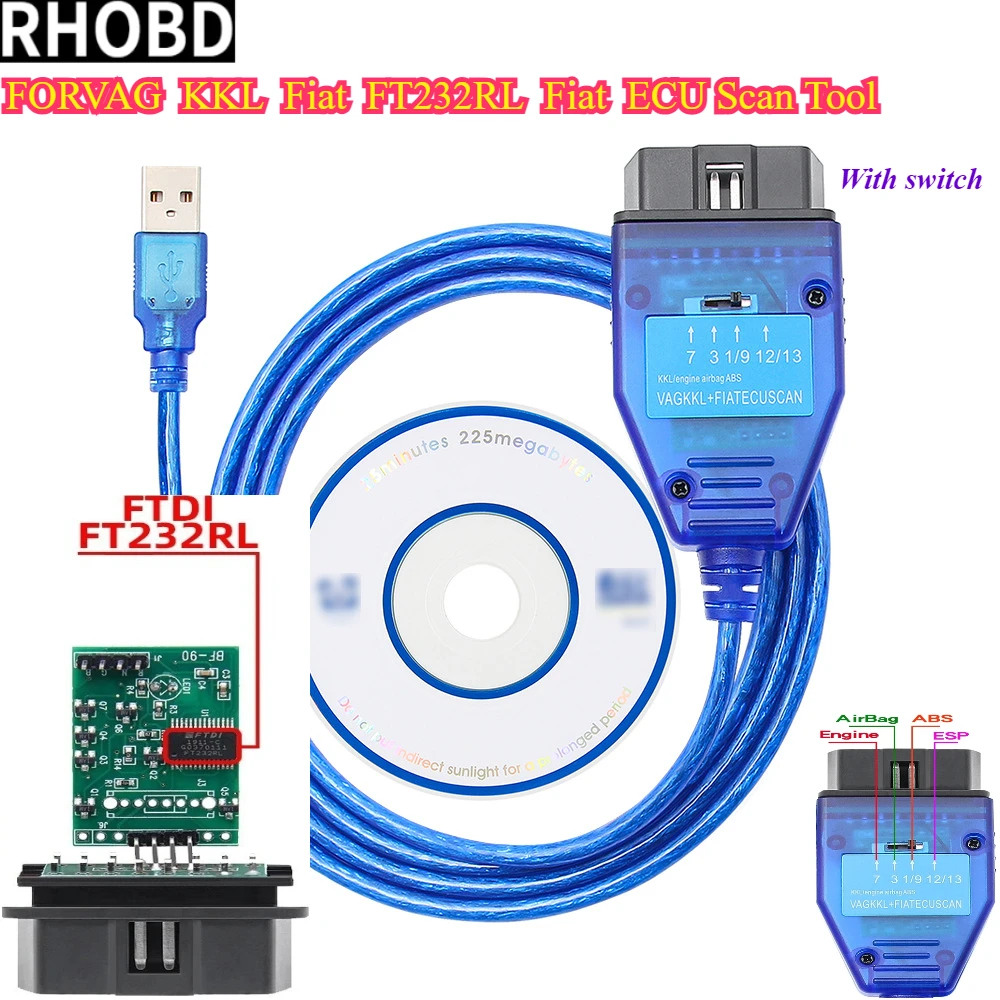 NEW ForVaG409.1 KKL OBD2 USB Diagostic Tool Ft/Di FT232RL CH340 ForVaG-COM FIATECUSCAN KKL409 Tape Switch for V-w Audi Fiat OBD