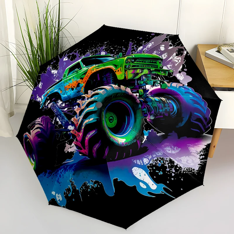 Car Theme Folding Umbrella - Fashionable Auto-Open Design 8 Iron Ribs Plastic Handle Foldable Sunshade Perfect Gifts
