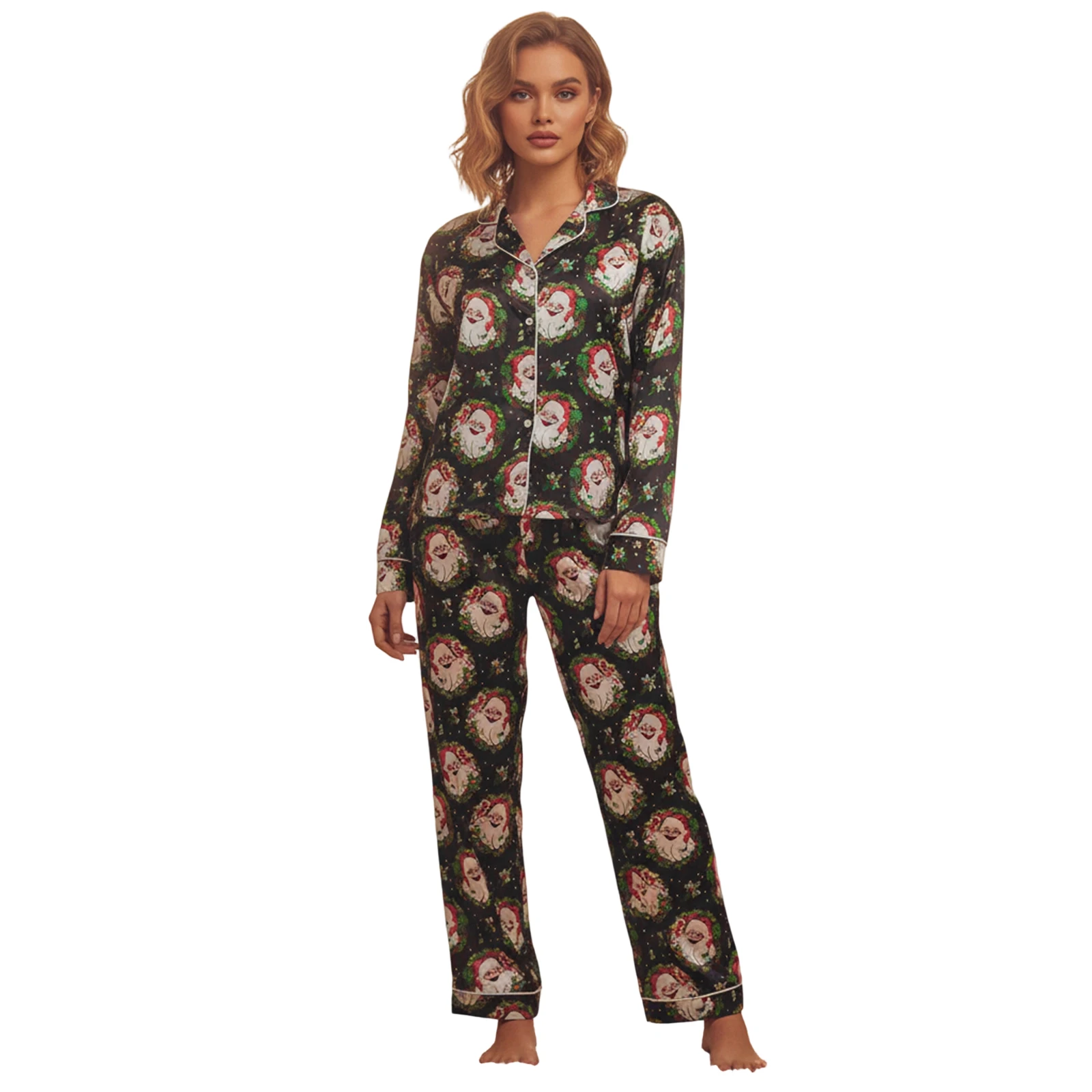 Womens Christmas Pajamas Sets Print Button Up Long Sleeve Lapel V Neck Tops and Pants Lounge Wear 2 Pcs Set