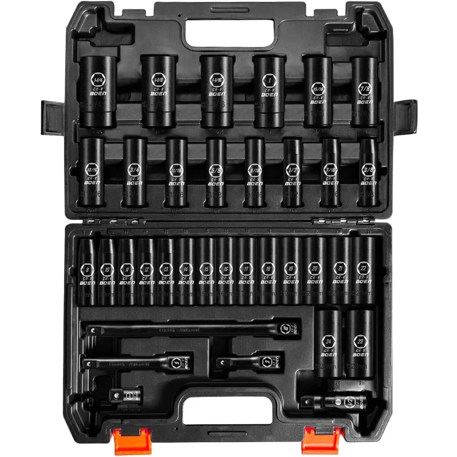 

35-Piece 1/2 Drive Deep Impact Socket Set SAE 3/8-1-1/4 Metric 8-24mm Extensions Joint Adapter Cr-V Steel Double Lock Case