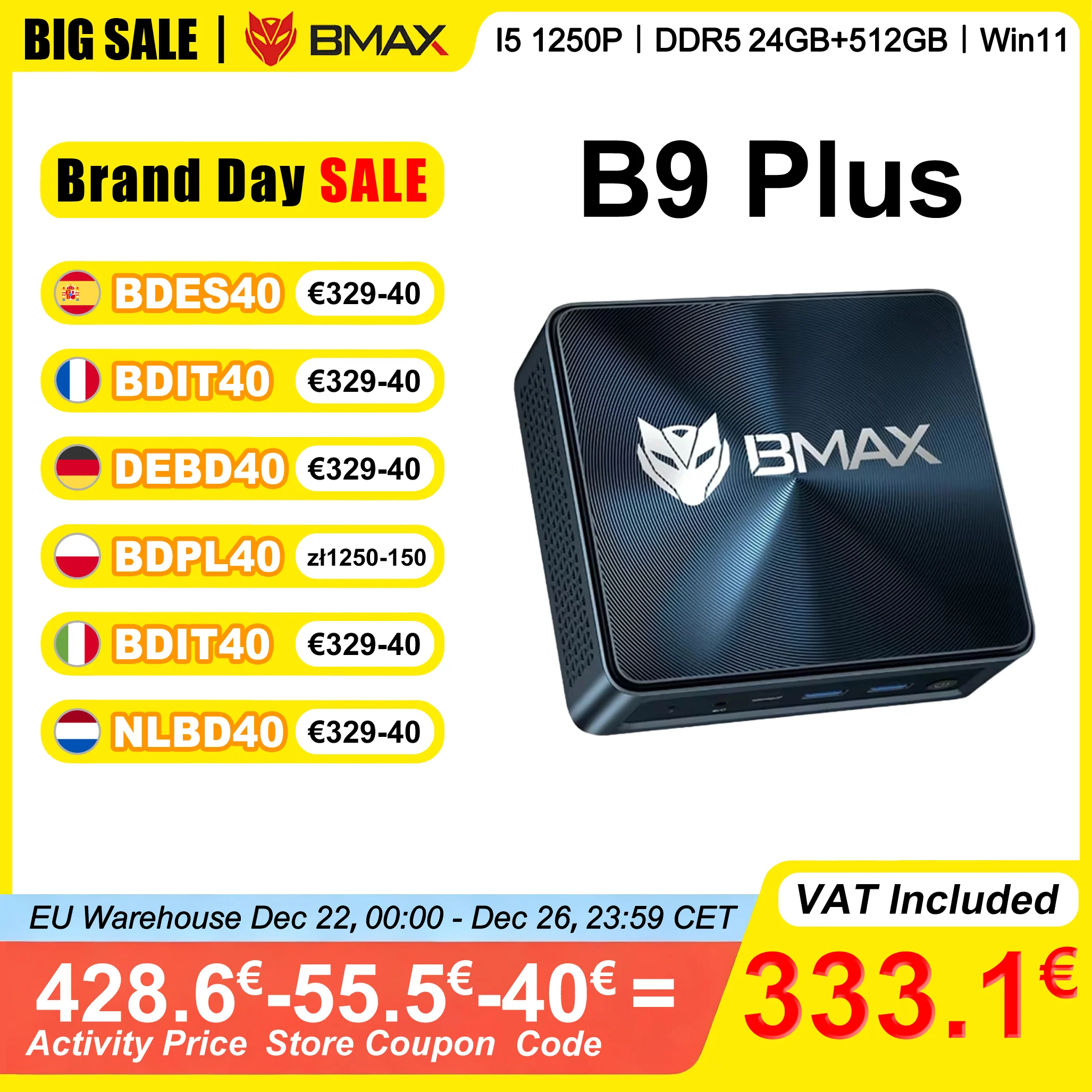 BMAX Mini PC B9 Plus 24 Go LPDDR5 RAM 512 Go SSD Intel Core i5-1250P 12 Noyaux Max 4,4 GHz WiFi 6 Bluetooth 5.2 HDMI 2.1 DP