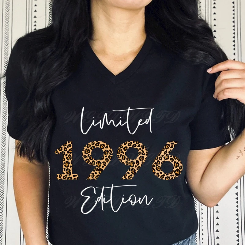 Leopard 1996 Shirts for Women 29th Birthday Party V-neck Short Sleeve T-shirt 1990 To 1999 Limited Edition Retro Summer Clothes