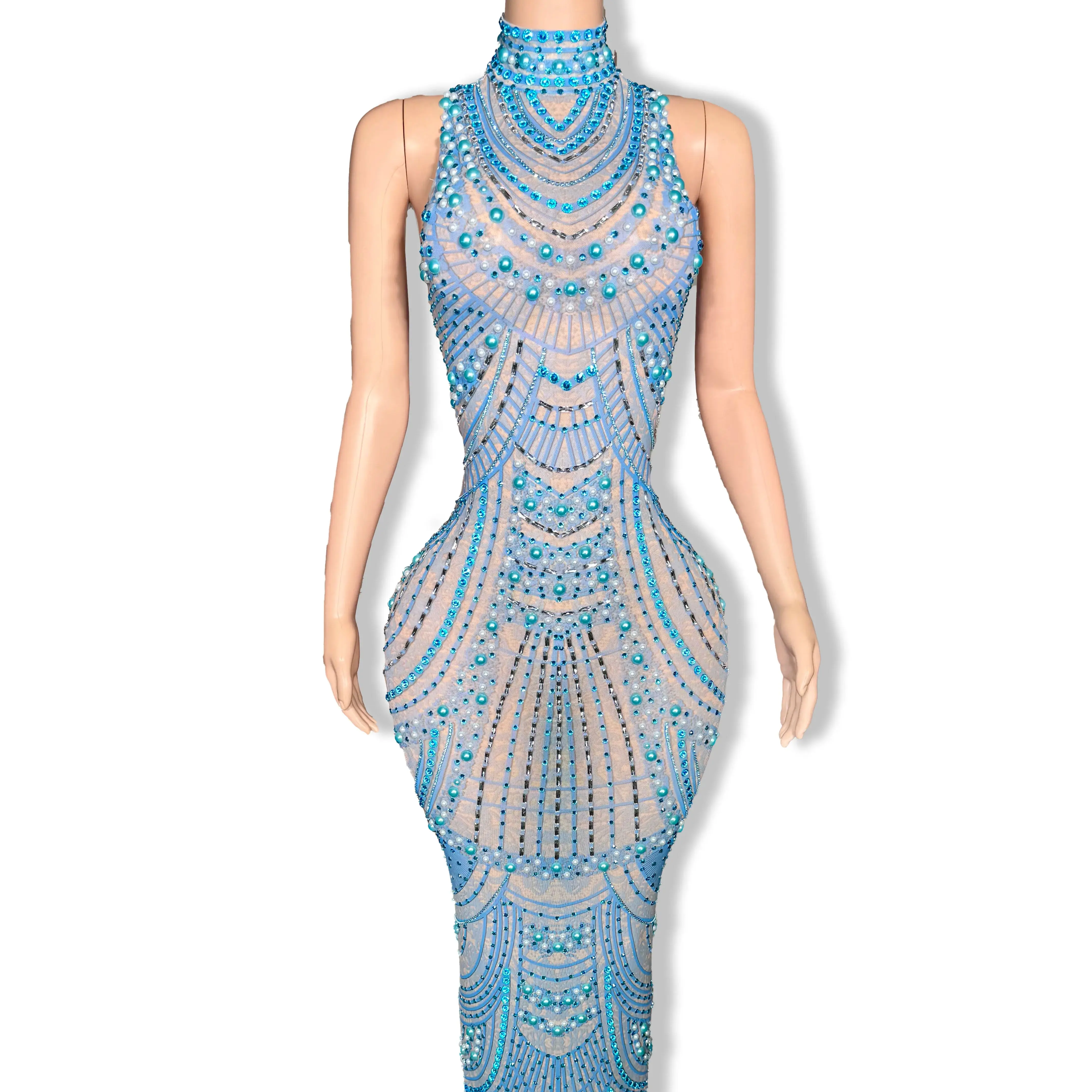 ZD レディース セクシー シースルー シアー メッシュ 長袖 ホローアウト ラインストーン装飾 フロア丈 パーティー ドレス