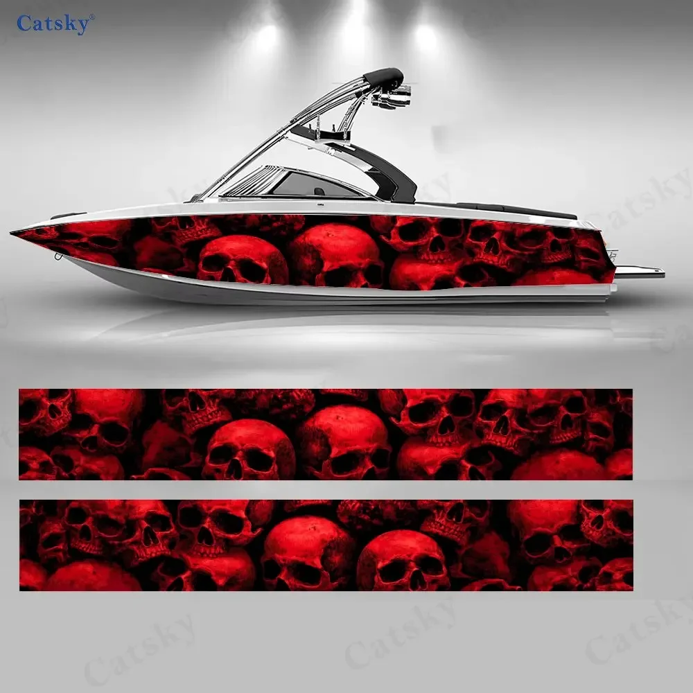 2Pcs Hardcore Red Skull Boat Stickers, PVC Waterproof Durable Vinyl Wrap Decals for Fishing Boats, Durable and Stylish Design
