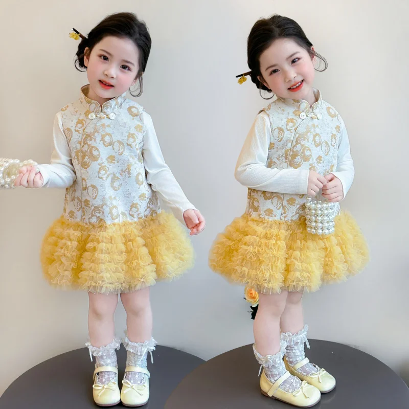 Girls' Vintage Cheongsam Tulle Skirt Set2026New Spring and Autumn Fashionable Chinese Style Dress for Girls
