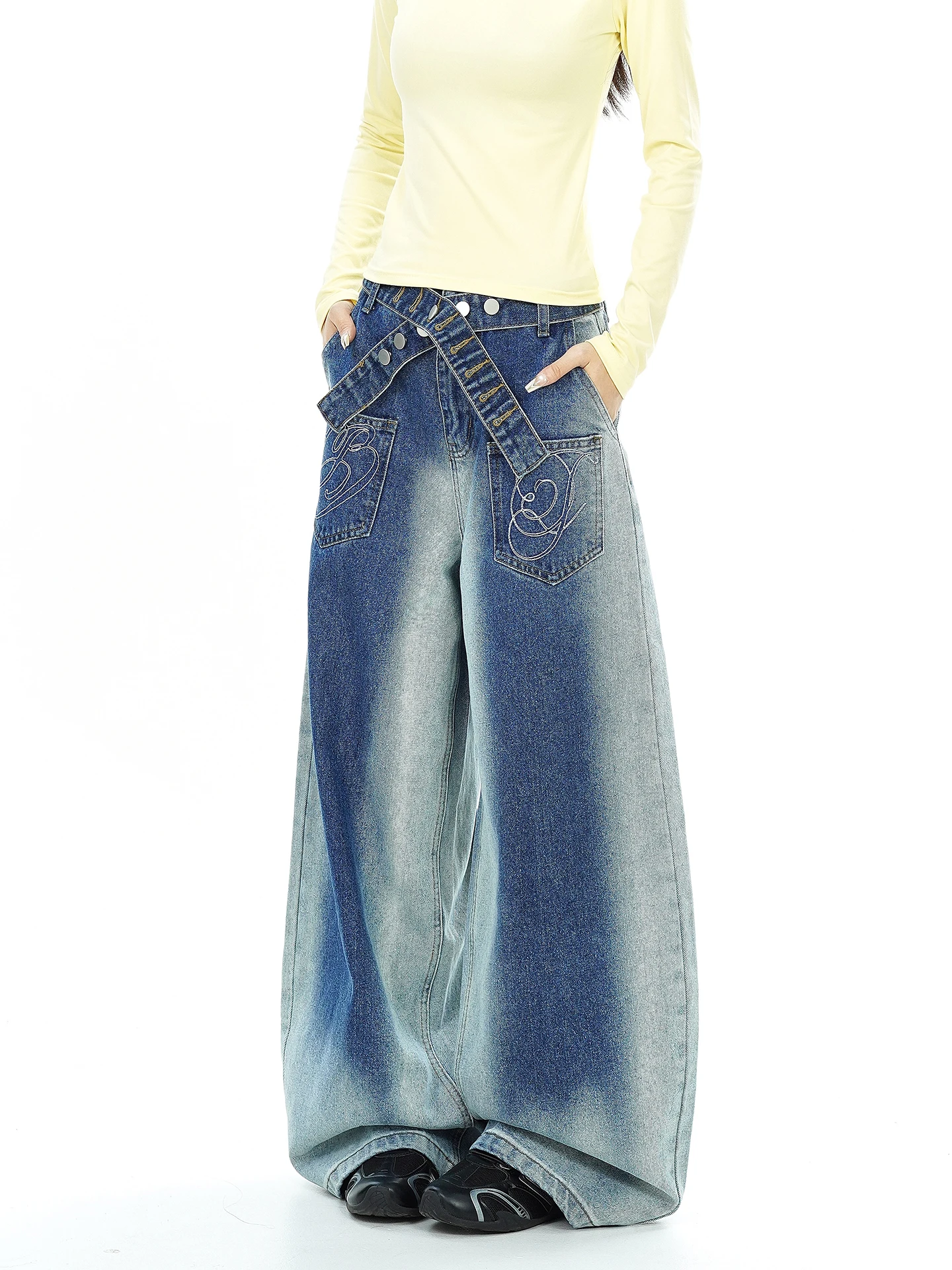 Washed Denim Wide Leg Pants Women's Street Style Fall New Vintage Versatile Floor-Length Jeans Trouser Comfortable Fit