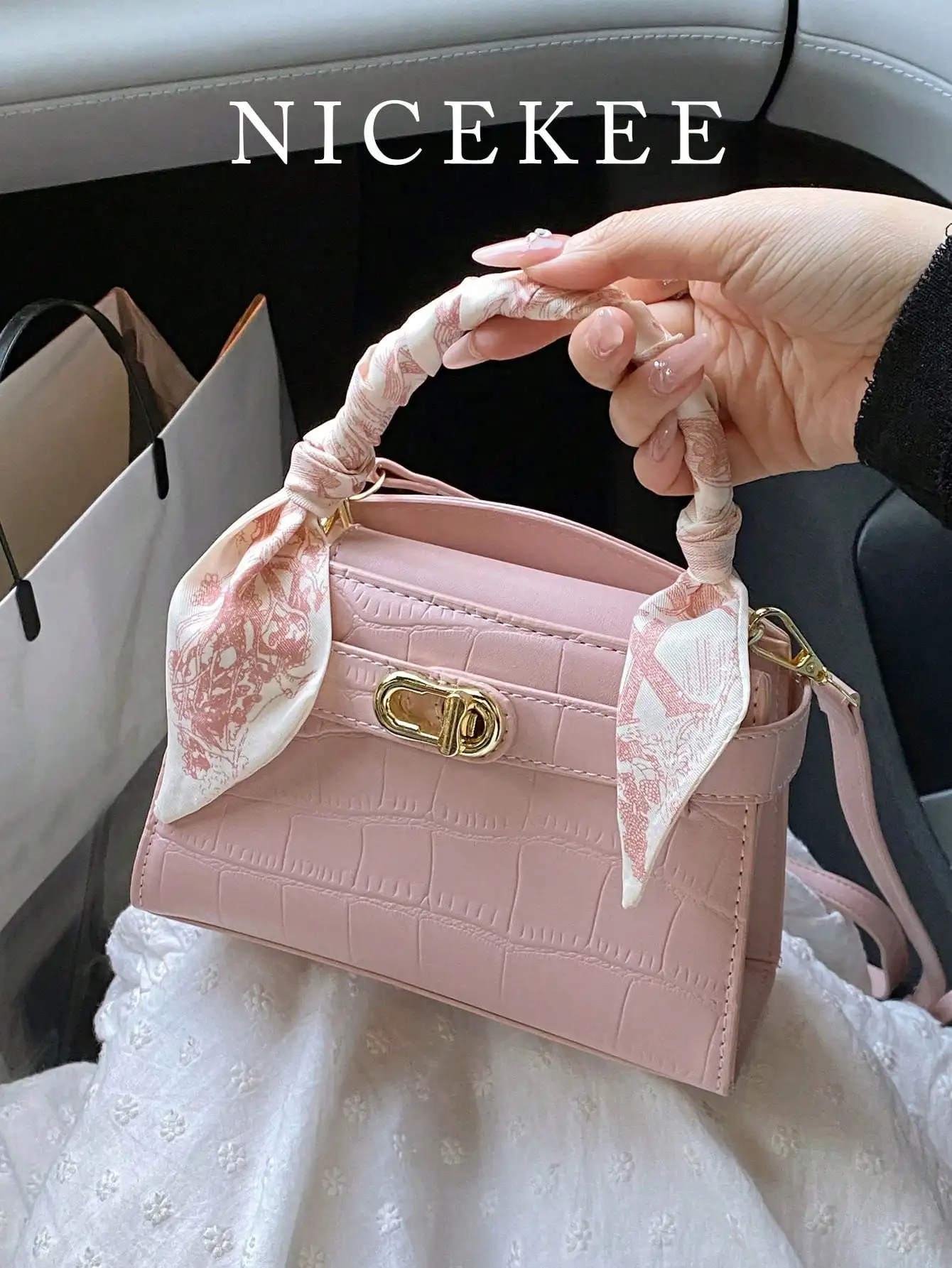 

Pink Croc-Embossed Mini Crossbody Bag with Silk Scarf Handle Detail