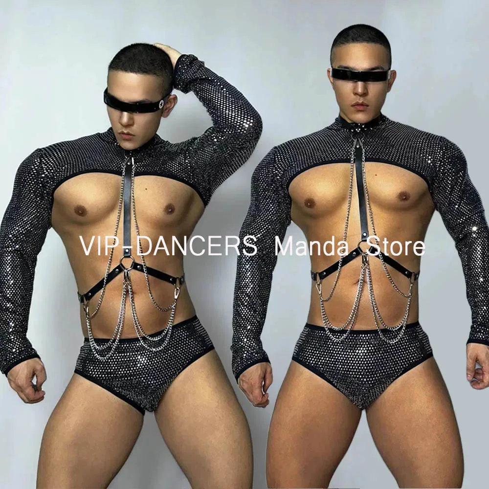 Muscle Man Dancewear Sexy Gogo Dancer Abbigliamento Nero Cintura pettorale Nightclub Party Rave Outfit Glitter Costume Maschile Pole Wear 602