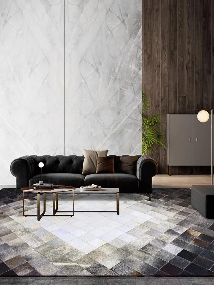 Genuine Cowhide Living Room Carpet Black White Plaid Handmade Patchwork Area Rug Real Cow Fur Rug for Bedroom Decor American Rug