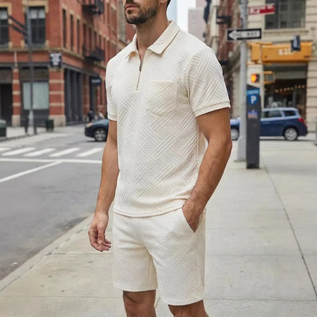 

Мужской новый весенне-летний однотонный жаккардовый костюм с модными шортами с короткими рукавами и карманами на молнии, повседневный наряд