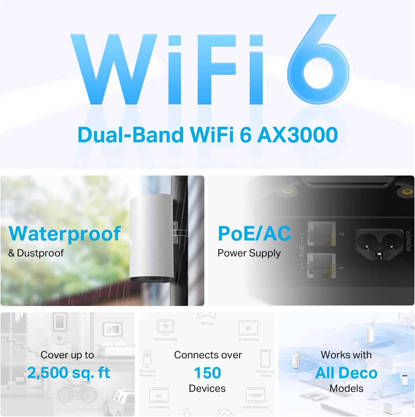 شبكة خارجية WiFi (Deco X50-Outdoor)، AX3000 Dual Band WiFi 6 Mesh، 2 منفذ جيجابت PoE، 802.3at PoE+، مقاومة للعوامل الجوية