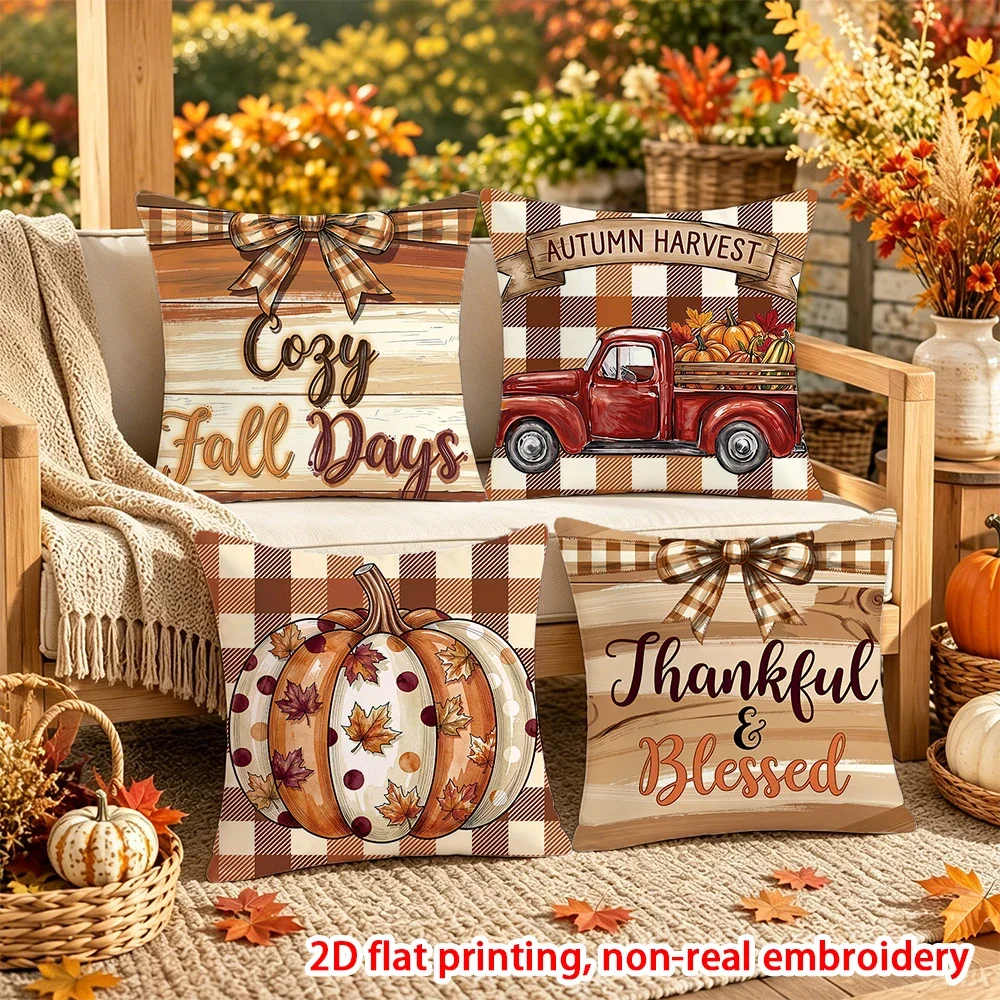 4 Pcs Fall Harvest Thanksgiving Throw Pillow Covers Autumn Pumpkin Decorative Cushion Case for Sofa Couch Farmhouse Home Decor