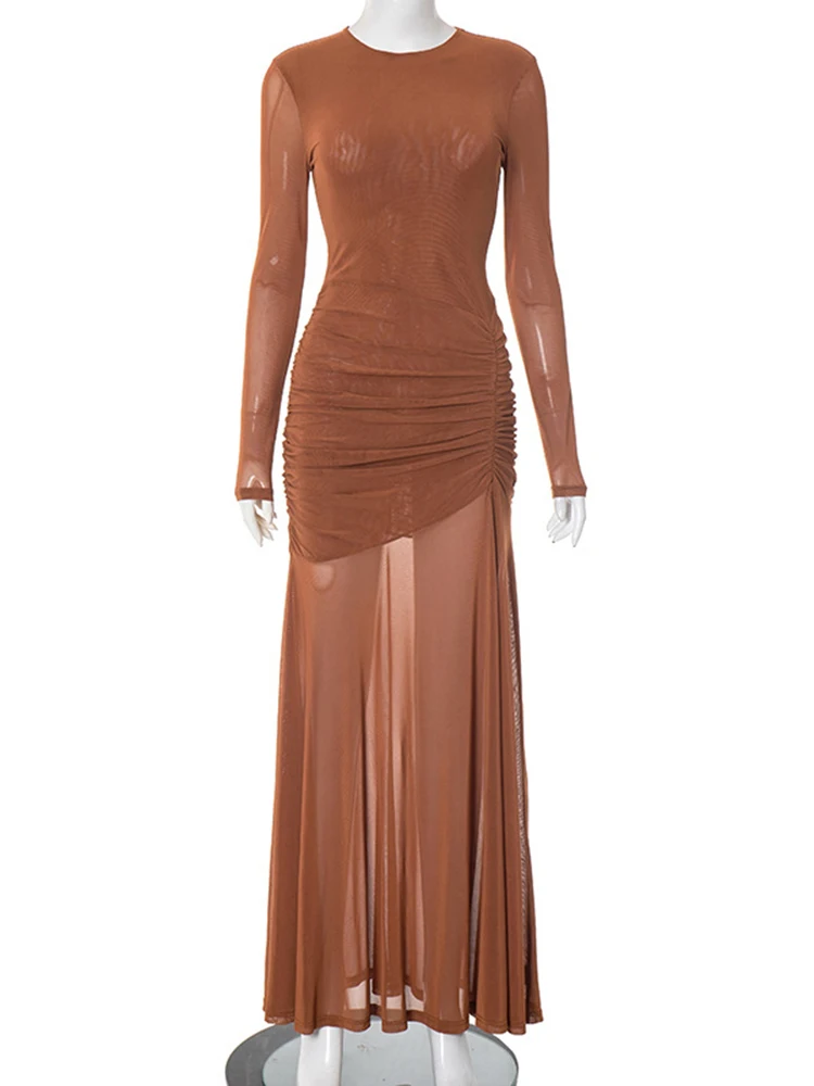 Oniflyme Abito lungo in rete con spacco laterale per donna Autunno O Collo Manica lunga Abiti aderenti con volant Abiti eleganti da festa Abiti sexy trasparenti
