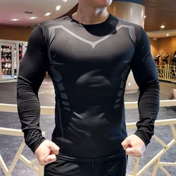 Men Compression Running T-shirt Fitness Tight 3D Long Sleeve Sport Shirts Training Jogging Tops Gym Sportswear Tees