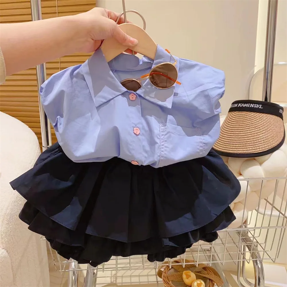 Girls\' Set 2024 New Children\'s Fashion Blue Sleeveless Shirt Cardigan Top Elastic Waist Flower Bud Skirt Pants Two Piece Set