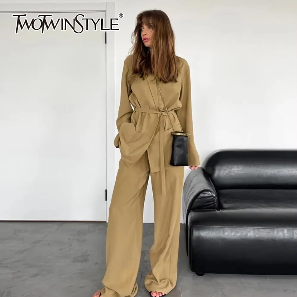 TWOTWINSTYLE Solid Two Pieces Set for Women Lapel Long Sleeve Spliced Lace Up Coat High Waist Loose Pant Loose Sets Female New