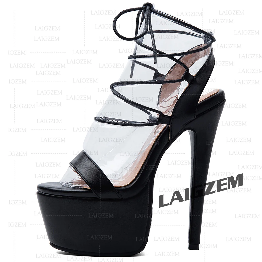 LAIGZEM Women Platform Sandals Open Toe Thin High Heels Pumps Faux Leather Handmade Ladies Shoes Woman Large Size 39 41 44 52