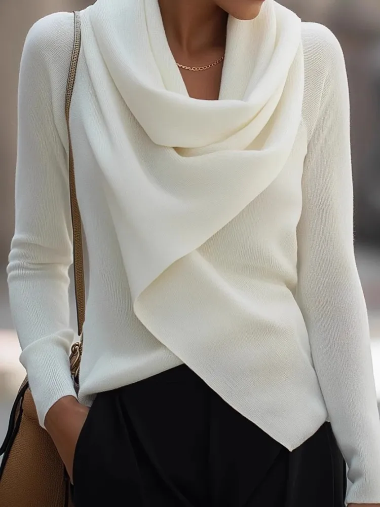 

Women Knit White Sweater Fashion Long Sleeve Pile Collar Pullover Sweaters Tops For Female Chic Streetwear Holiday Clothes New