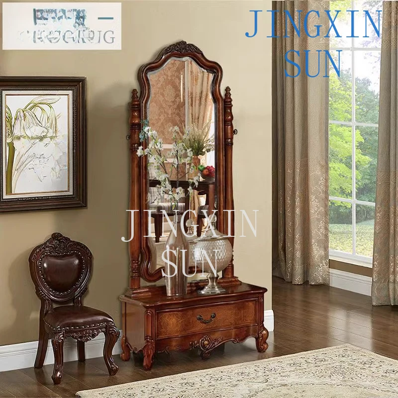 Solid wood full-length mirror with drawer engraved floor mirror vertical