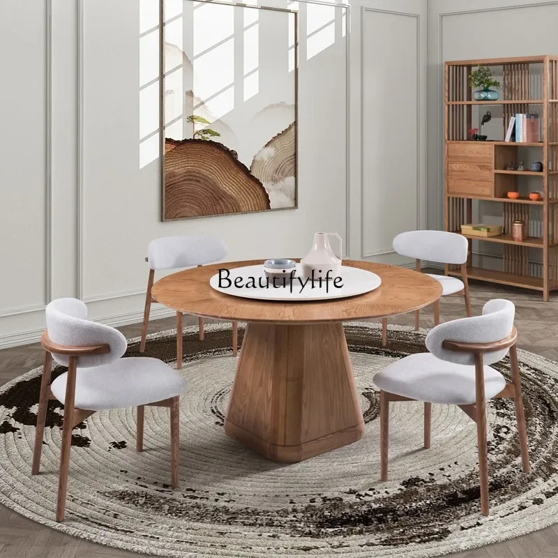 

02Nordic Solid Wood Round Table Restaurant Hotel Household Japanese Creative Stone Plate Dining Table with Turntable