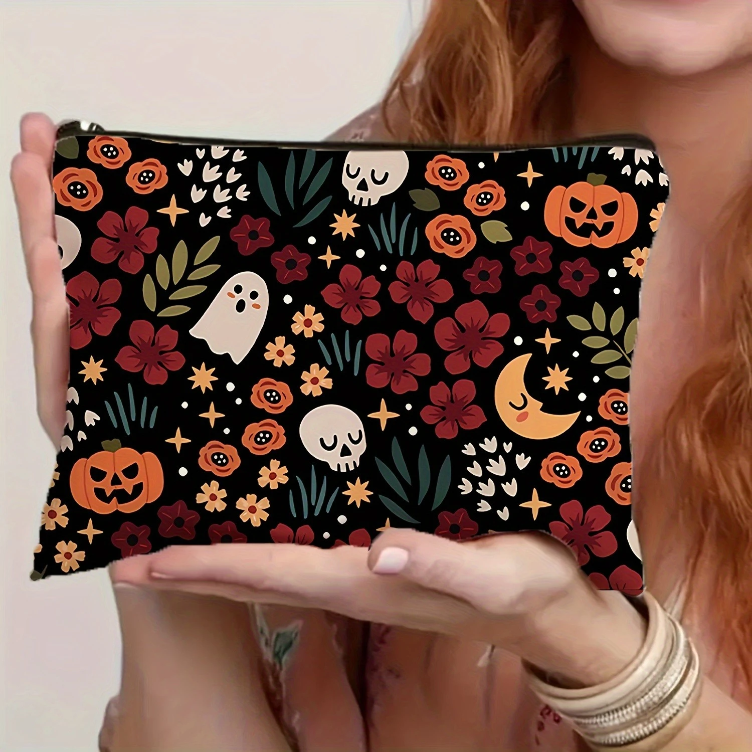 1pc Halloween Makeup Bag Spooky Pumpkin, Skull Floral Pattern Cosmetic Bag for Toiletries Holiday Gifts Cosmetic Storage Bags