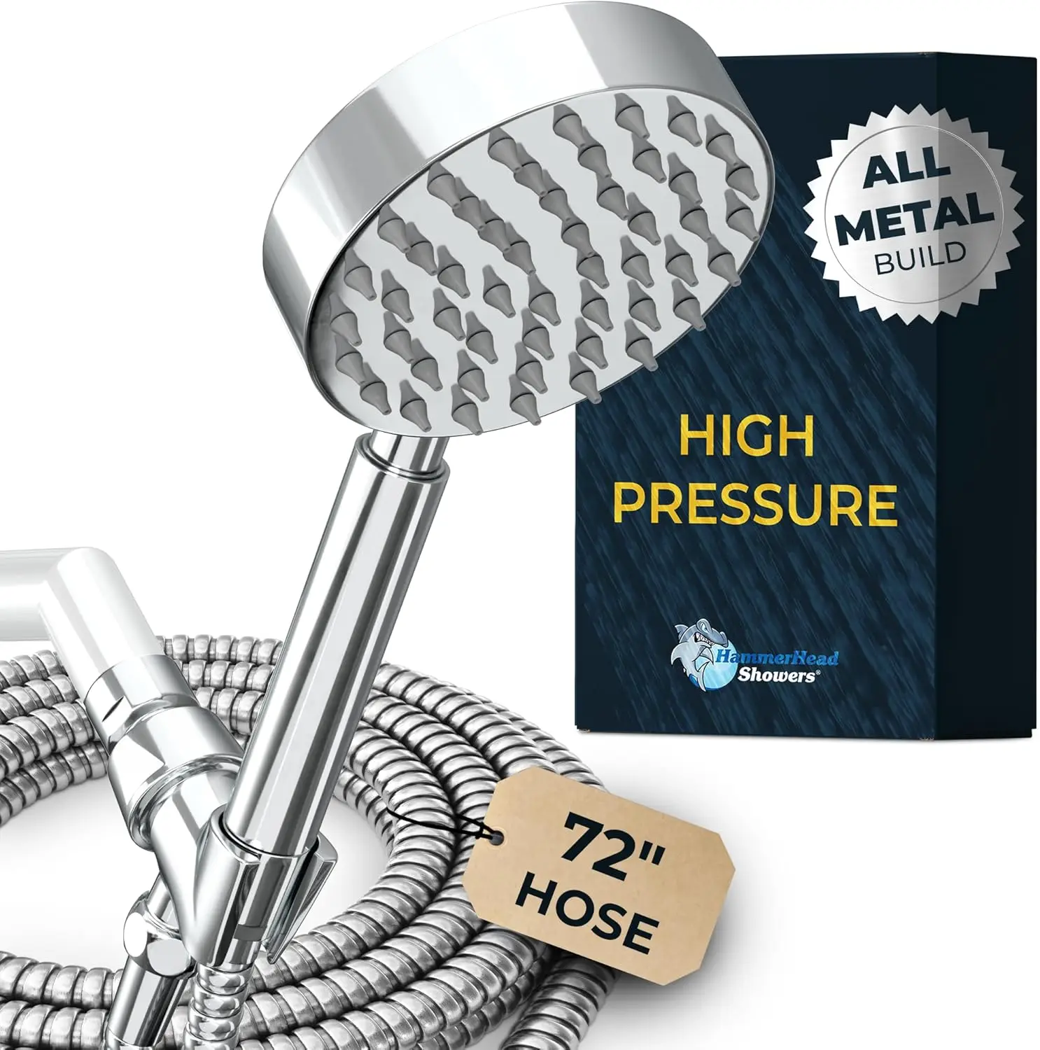 

ALL METAL Handheld Shower Head with Hose and Brass Holder - CHROME - 2.5 GPM High Pressure Shower Heads with