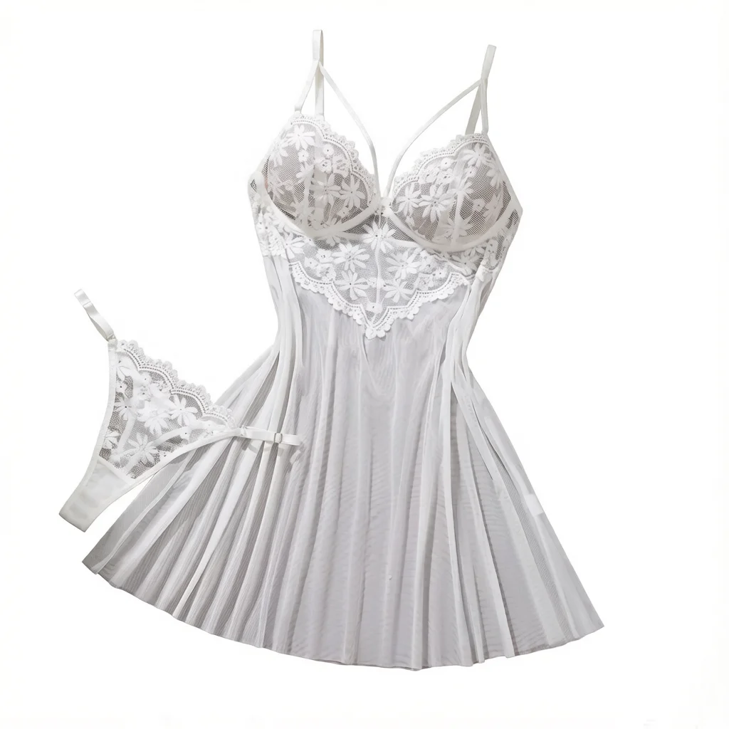 White Daisy Floral Lace Sheer Mesh Babydoll Lingerie Set Slip Nightdress With Matching Thong Women Sexy Sleepwear ZA825096