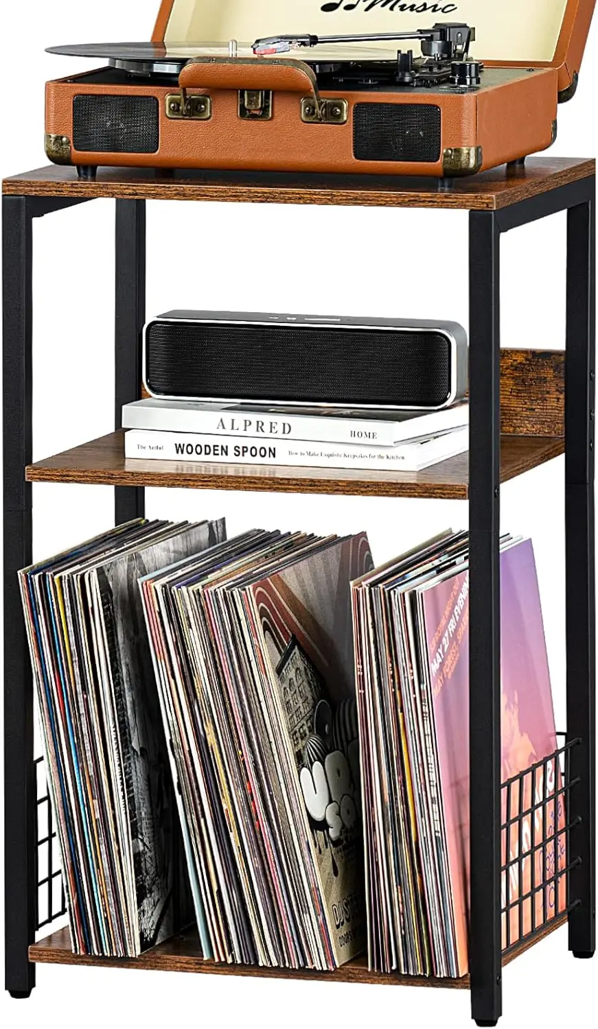 

3 Tier End Table with Record Storage, Turntable Stand for Vinyl, Brown
