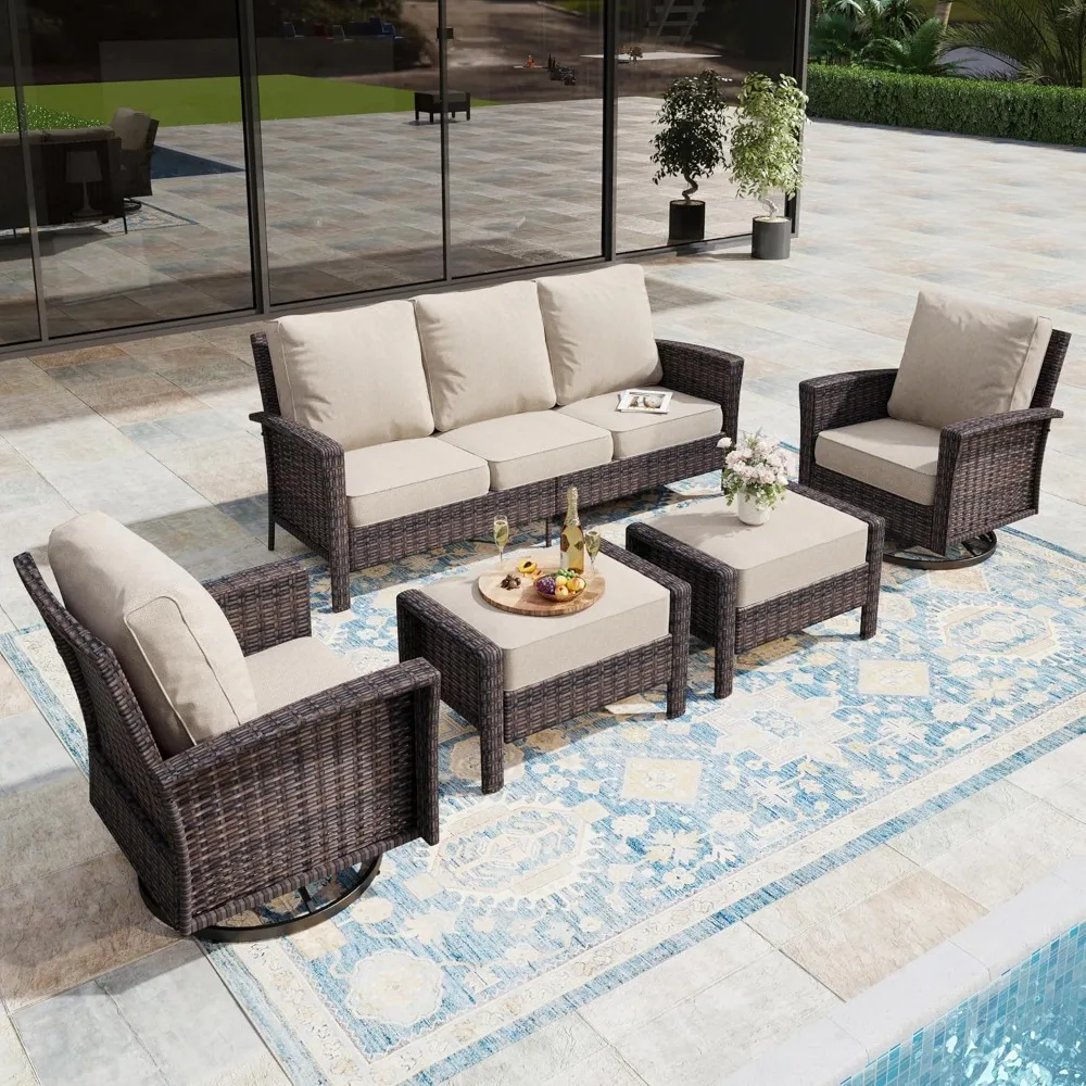 

5-Piece Wicker Patio Furniture Set with Swivel Chairs, High Back Outdoor Furniture with 5.5-inch Thick Cushion and Ottoman