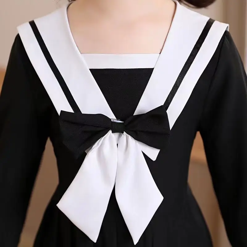 4 6 8 10 12 Spring Autumn Girls\' Dress Navy Collar JK Uniform Long Sleeve Student School Dress Baby Kids Children\'s Clothing