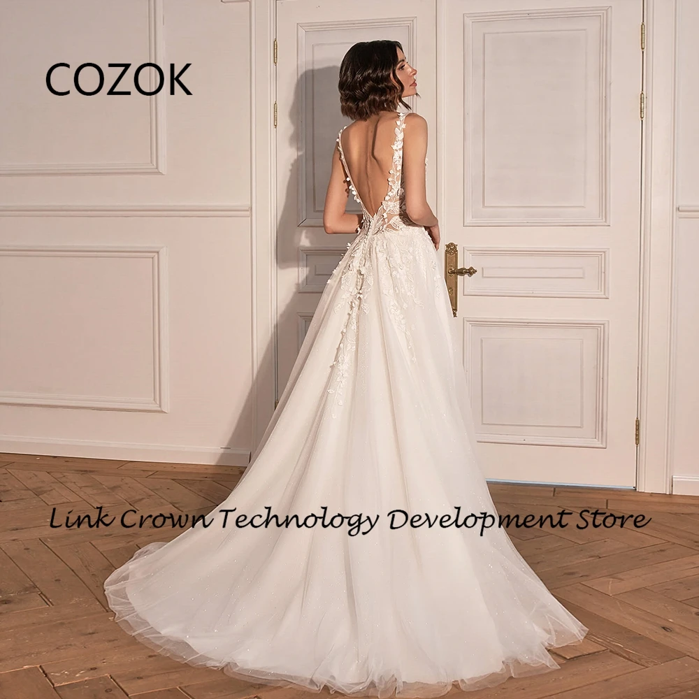 COZOK A Line Ivory Wedding Dresses for Women 2024 Summer New Lace Applique Summer Sleeveless Soft Tulle Vestidos De Novia New